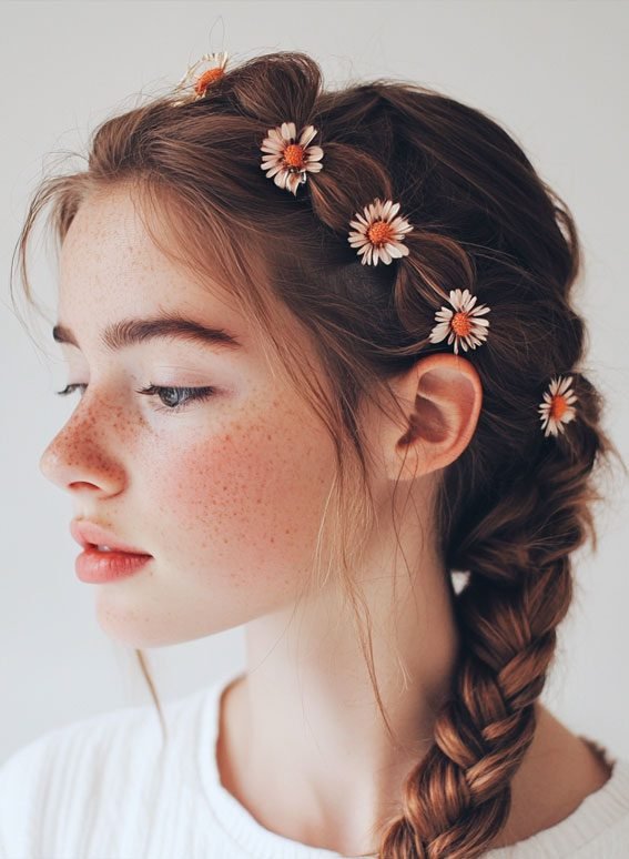 A young woman with a "boring braid" accented with flowers
