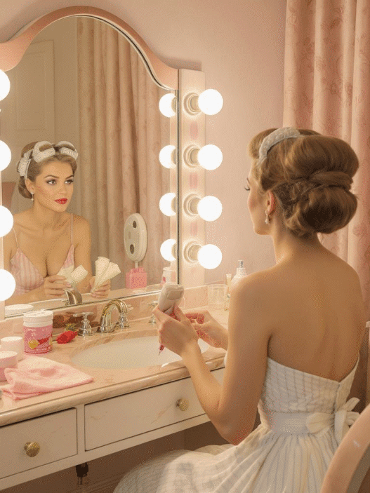 a woman circa 1950 sitting at her vanity and putting in hot rollers