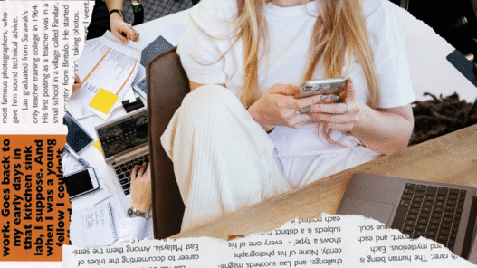 A collage of a young woman in the workplace.