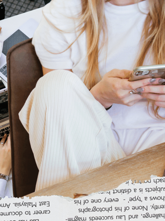 A collage of a young woman in the workplace.
