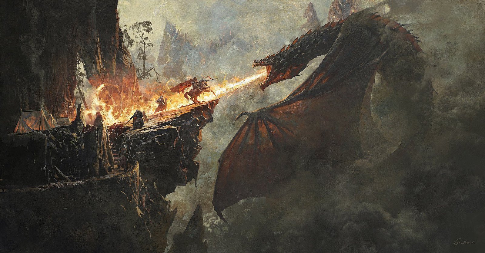 Fantasy rendering of dragon breathing fire at a group of knights on a cliff side by Greg Rutkowski