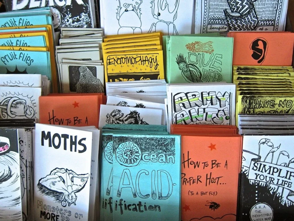 A magazine rack with of self-published fanzines