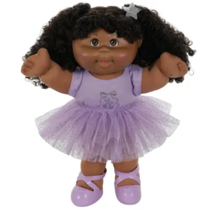 A beautiful black cabbage patch doll in a purple ballet costume