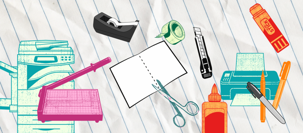 Zine making supplies pictured in a collage