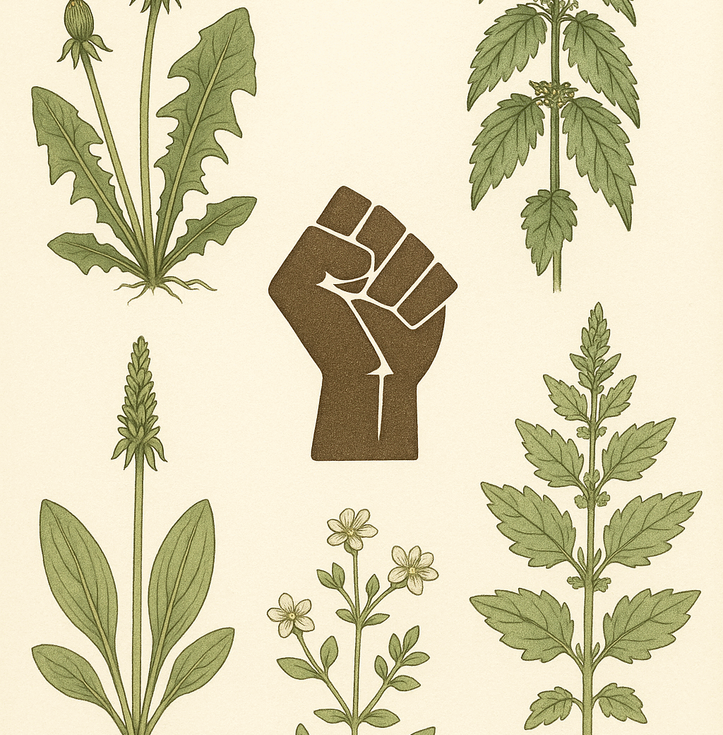 a clenched fist representing feminism on an old botanical illustration