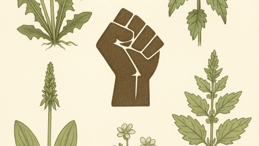 a clenched fist representing feminism on an old botanical illustration