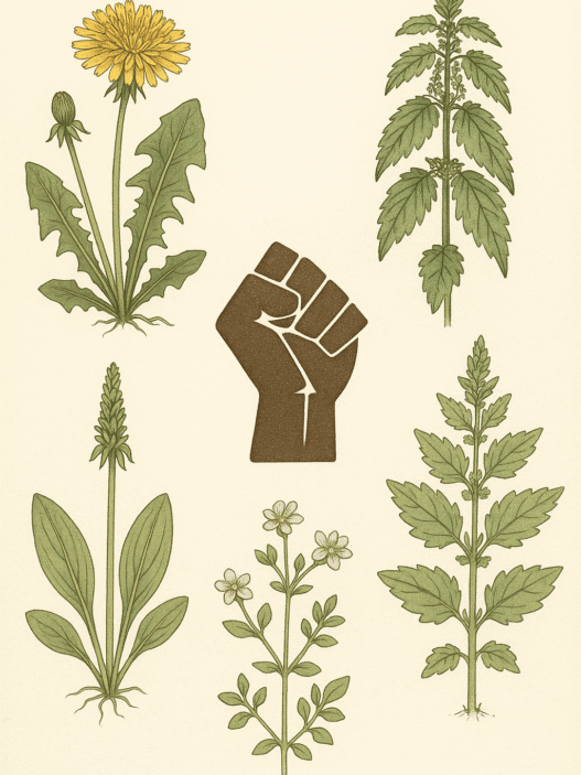a clenched fist representing feminism on an old botanical illustration