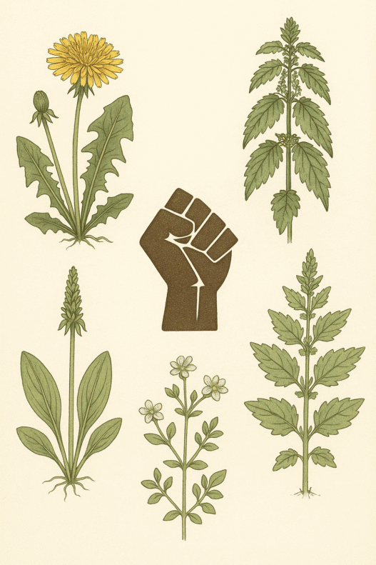 a clenched fist representing feminism on an old botanical illustration