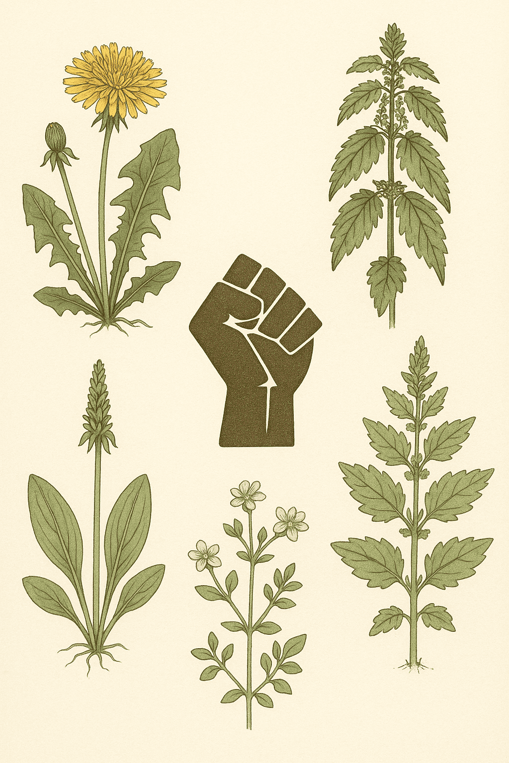 a clenched fist representing feminism on an old botanical illustration