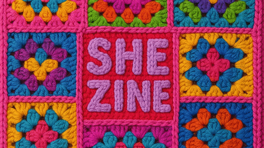 Granny squares with the words She Zine stitched in the middle