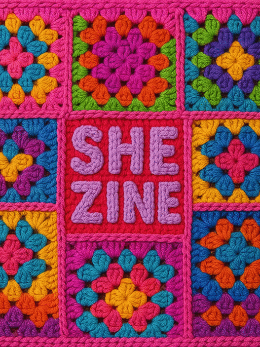 Granny squares with the words She Zine stitched in the middle