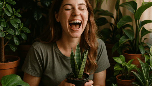 A young woman sitting among dozens of plants.