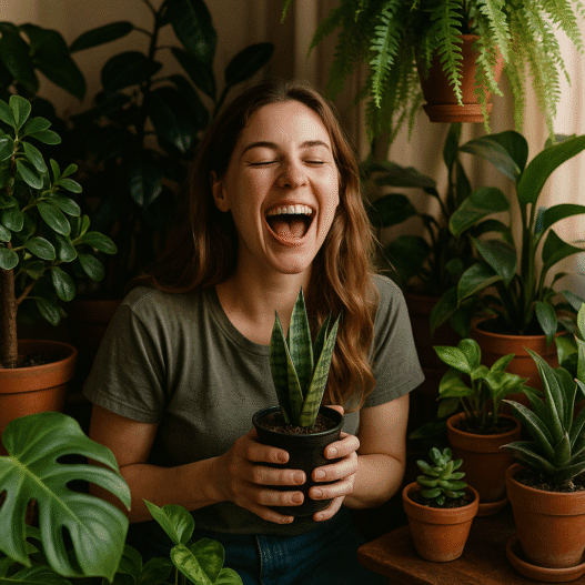 A young woman sitting among dozens of plants.