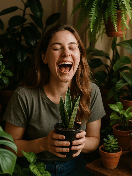 A young woman sitting among dozens of plants.
