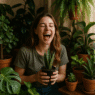 A young woman sitting among dozens of plants.