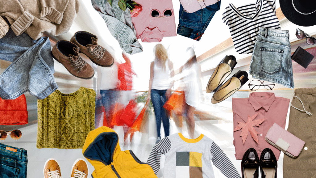 A blurred image of 4 women carrying shopping bags surrounded by a collage of fast fashion items