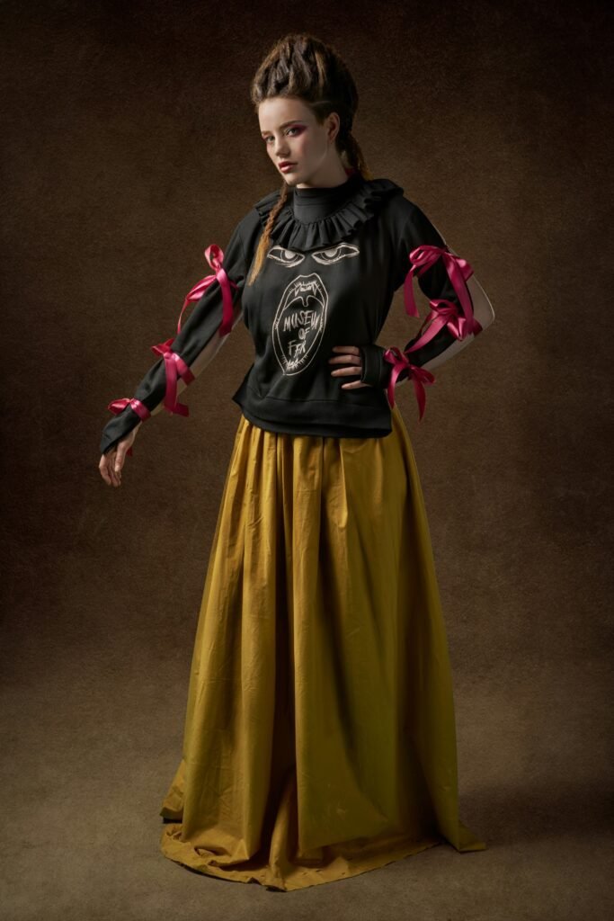 A model wearing maximalist upcycled fashion.