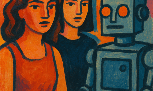 An AI generated image in the style of an oil painting of two women seated next to a robot signed "by ChatGPT".