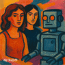 An AI generated image in the style of an oil painting of two women seated next to a robot signed "by ChatGPT".