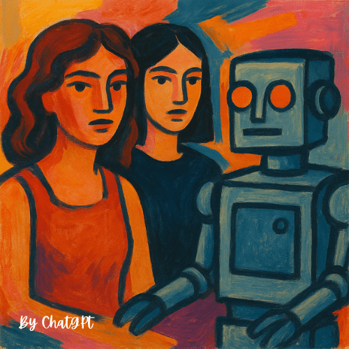 An AI generated image in the style of an oil painting of two women seated next to a robot signed "by ChatGPT".