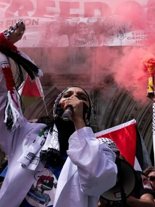 Pro-Palestinian protestors in a red smokey mist.