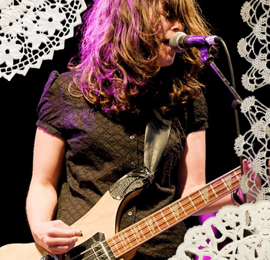 An image of Julie Doiron performing with Eric's Trip with doilies collaged around the edges