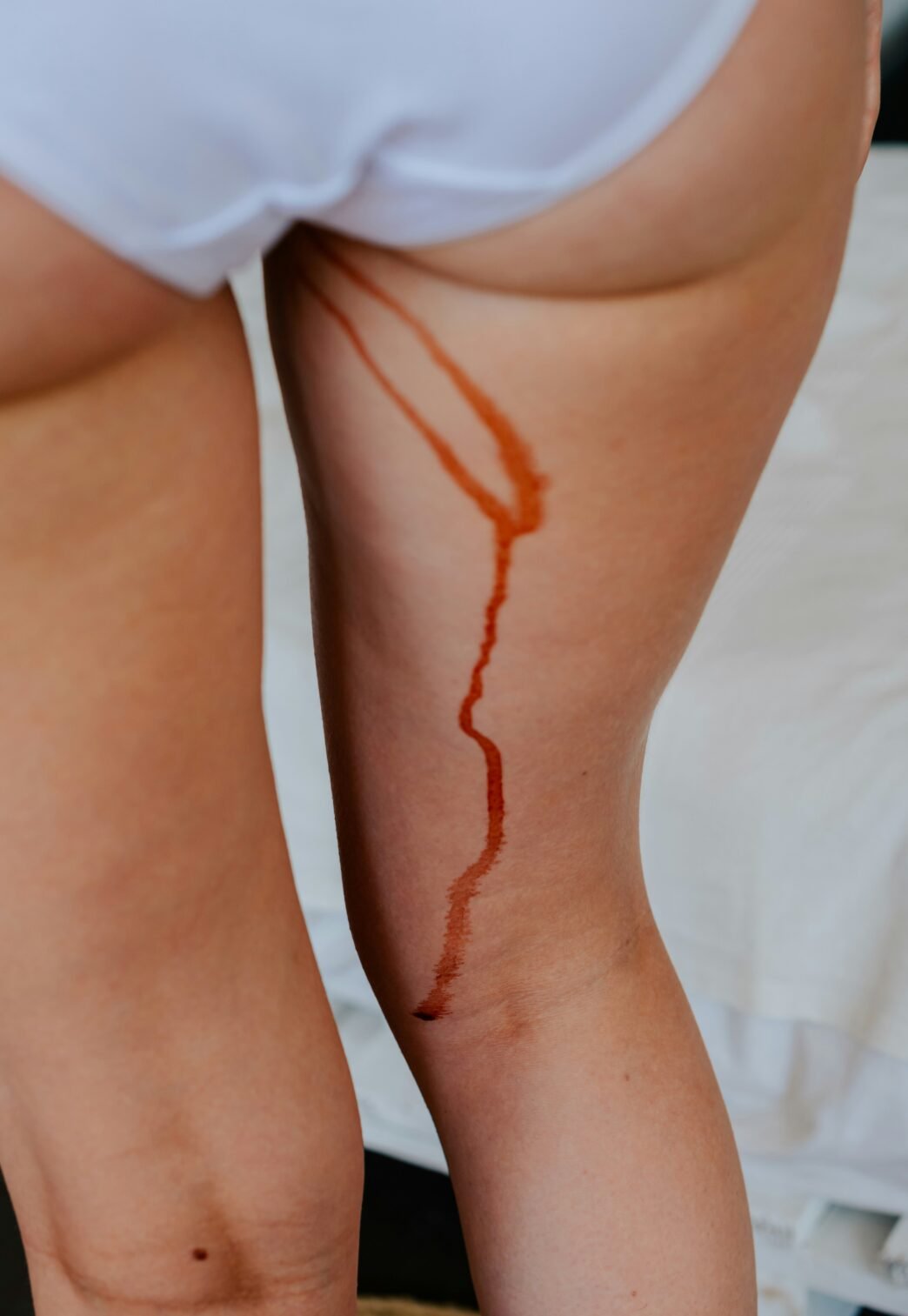 A biological female with menstrual blood dripping down their leg.
