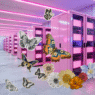 A photorealistic pink server farm with flowers and butterflies collaged over top