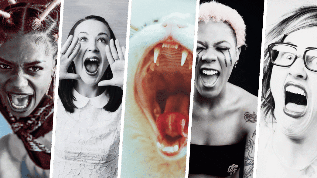 A collage of people screaming with a cat hidden in the middle