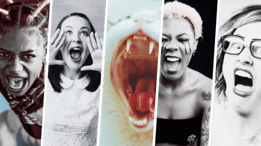 A collage of people screaming with a cat hidden in the middle