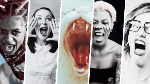 A collage of people screaming with a cat hidden in the middle