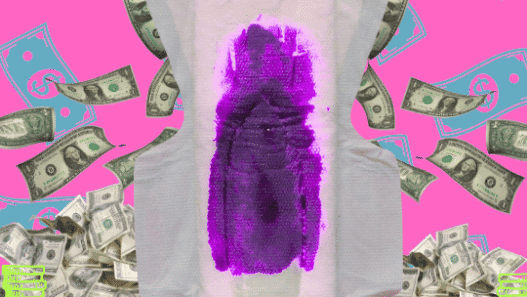 A period pad in a hyper neon collage of money.