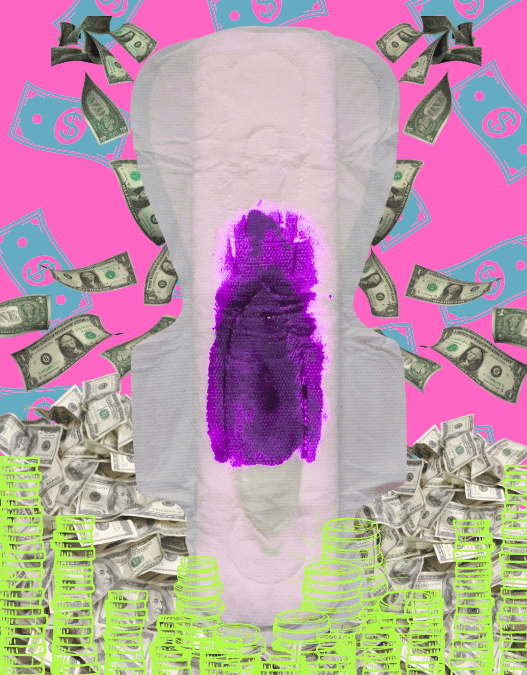 A period pad in a hyper neon collage of money.