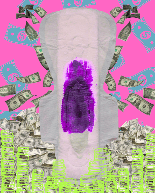 A period pad in a hyper neon collage of money.