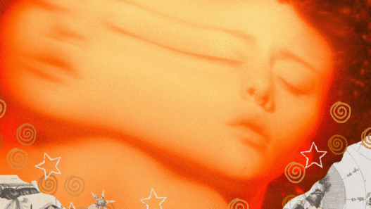 A blurred image of a human face with collage around the edges.