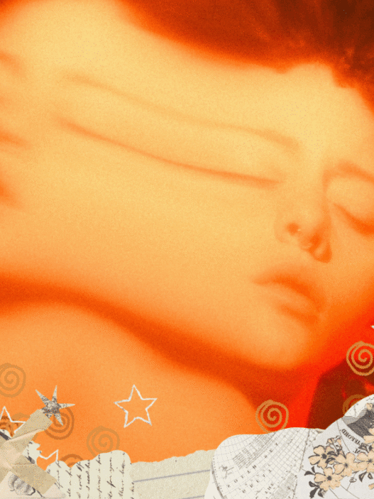 A blurred image of a human face with collage around the edges.