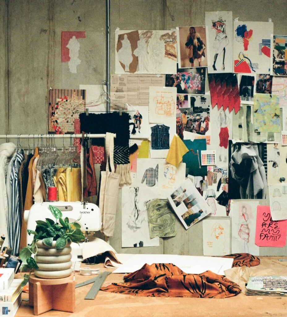 A busy mood board in a sewing studio
