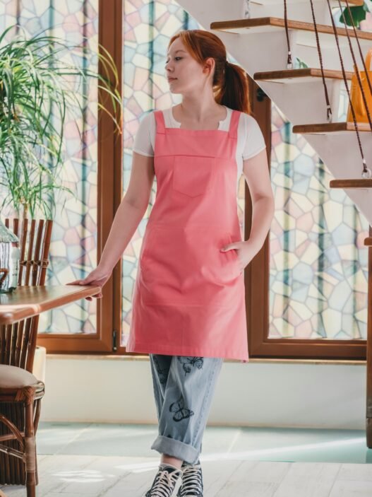 A redheaded woman wearing a pink utility apron