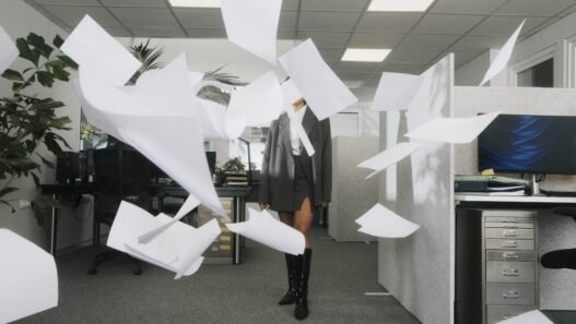 A woman standing in a blizzard of papers flying in the air in an office setting.