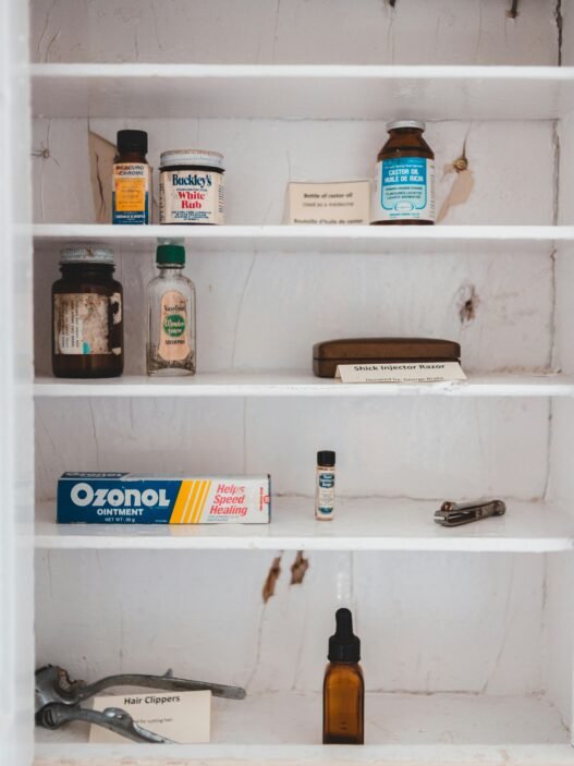 A half empty medicine cabinet.