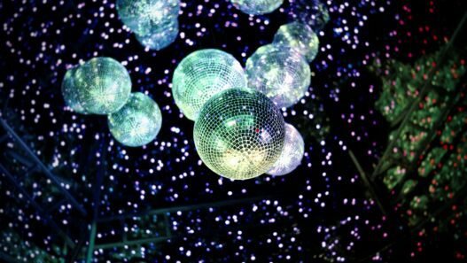 Disco balls in a darkened room