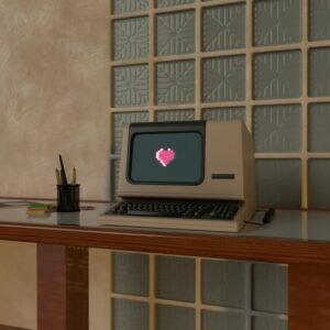 A vintage computer with a bitmoji heart on the screen.