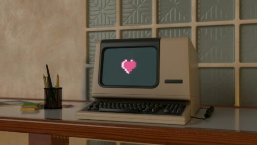 A vintage computer with a bitmoji heart on the screen.